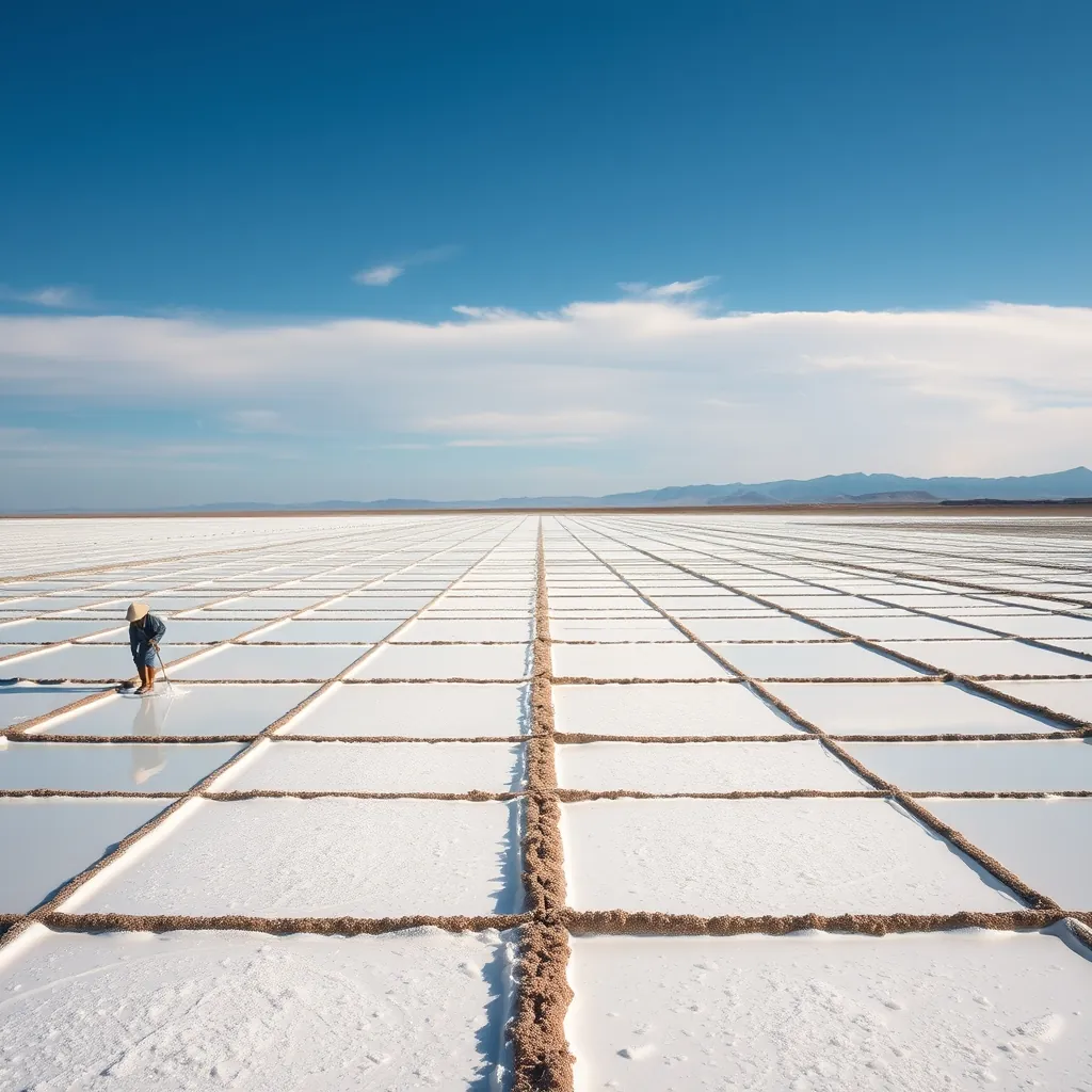 Expansive salt fields stretching toward the horizon under a brilliant blue sky, geometric grid patterns of shallow evaporation ponds filled with glistening white salt crystals, workers in conical hats and rubber boots raking salt into small piles along the dikes, reflective water surfaces mirroring the clouds, distant mountains framing the coastal plain, golden afternoon sunlight casting long shadows across the crystalline landscape Brilliant blue sky