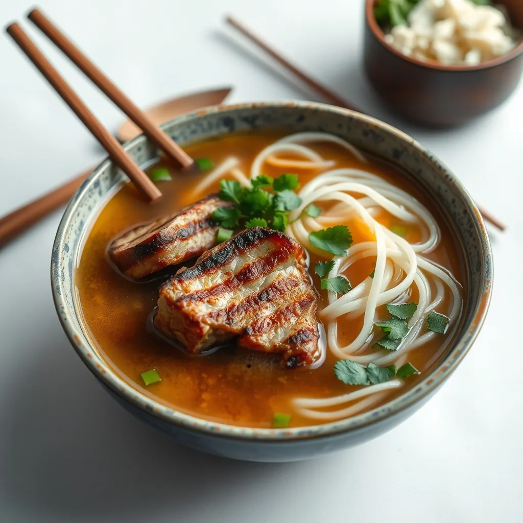 Bun cha set with grilled pork patties and pork belly submerged in fish sauce broth, served with white rice noodles and fresh herbs on a separate plate Bun cha set