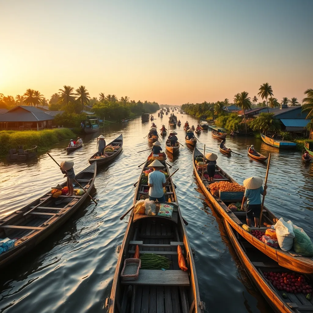 Bustling floating market at sunrise on the wide Mekong River in Can Tho, wooden boats laden with colorful tropical fruits and vegetables, vendors in conical hats balancing long poles to pass goods between vessels, golden morning light reflecting off the water, traditional stilt houses lining the riverbanks, palm trees and lush green orchards stretching along the shoreline, small motorized boats weaving between the larger trading vessels Bustling floating market