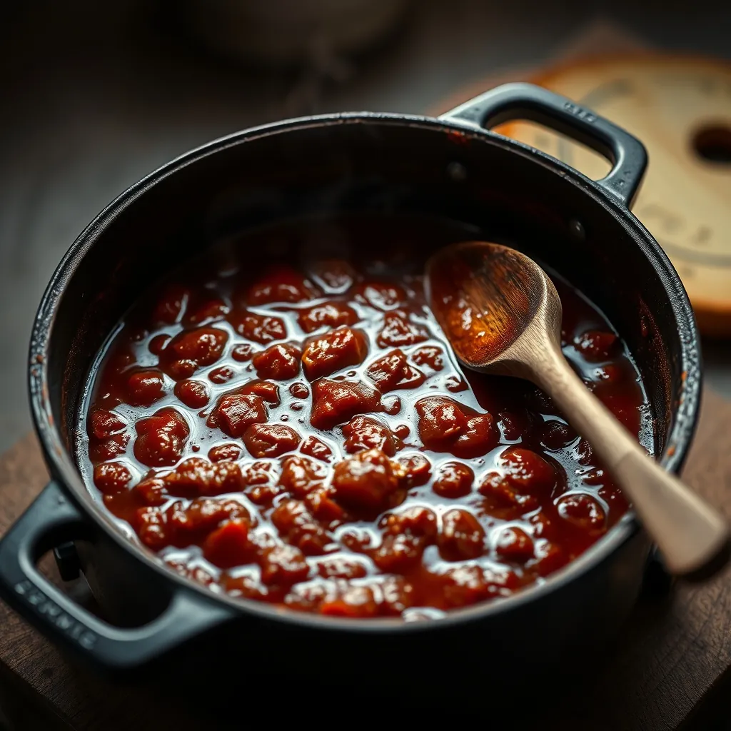 Cast iron Dutch oven filled with simmering ragù meat sauce, bubbles visible, with a wooden spoon resting on the edge Cast iron dutch