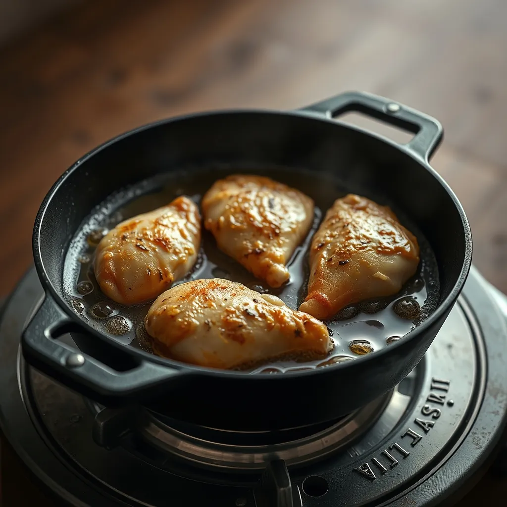Cast iron skillet filled with bubbling golden oil and three pieces of frying chicken Cast iron skillet
