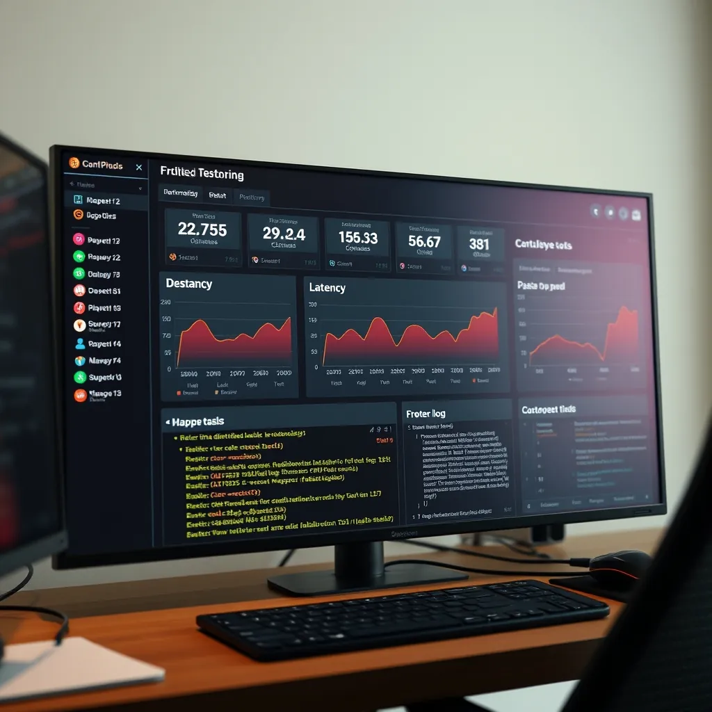 Centralized dashboard displaying real-time metrics of distributed test execution with multiple mapper nodes, pass-fail counts, latency graphs, and a log stream showing error traces from a failed mapper task Centralized dashboard displaying