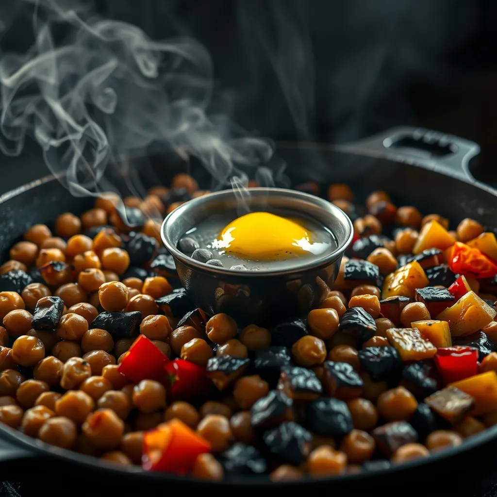 Charred chickpeas and bell pepper chunks on a hot cast iron skillet with visible smoke rising, a small metal bowl of hot coals and ghee sitting in the center of the pan Charred chickpeas bell