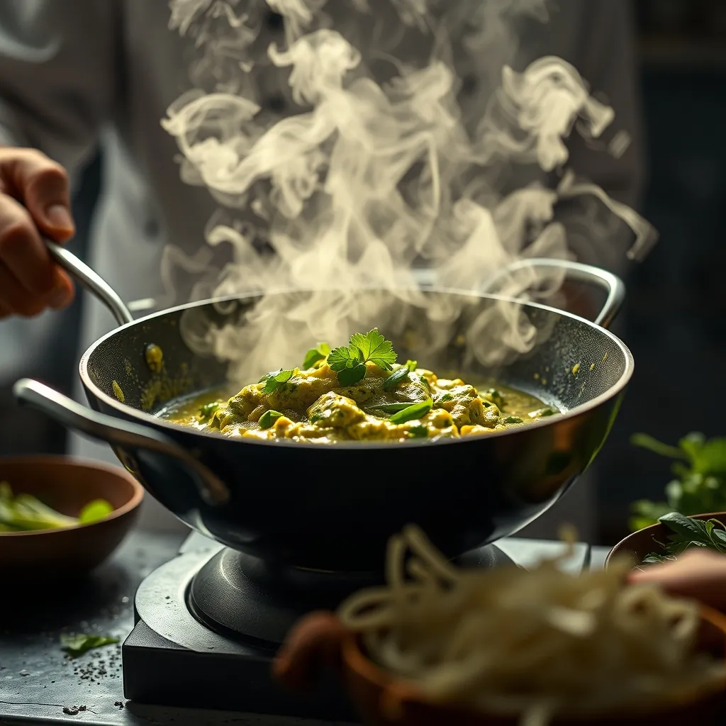 Chef frying green curry paste in a wok with coconut cream, steam and aroma rising Chef frying green