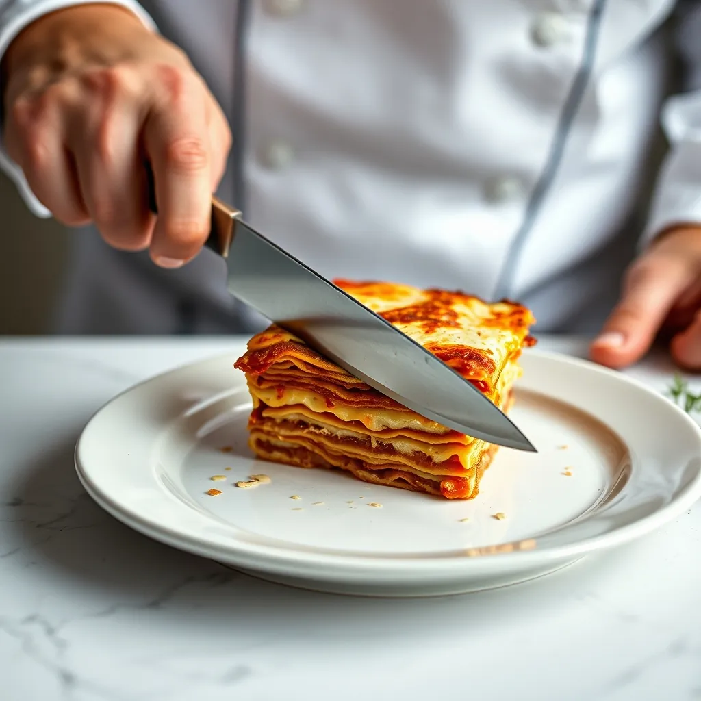 Chef slicing a perfectly set square of lasagna with a sharp knife, showing clean, defined layers without any liquid pooling on the plate Chef slicing perfectly