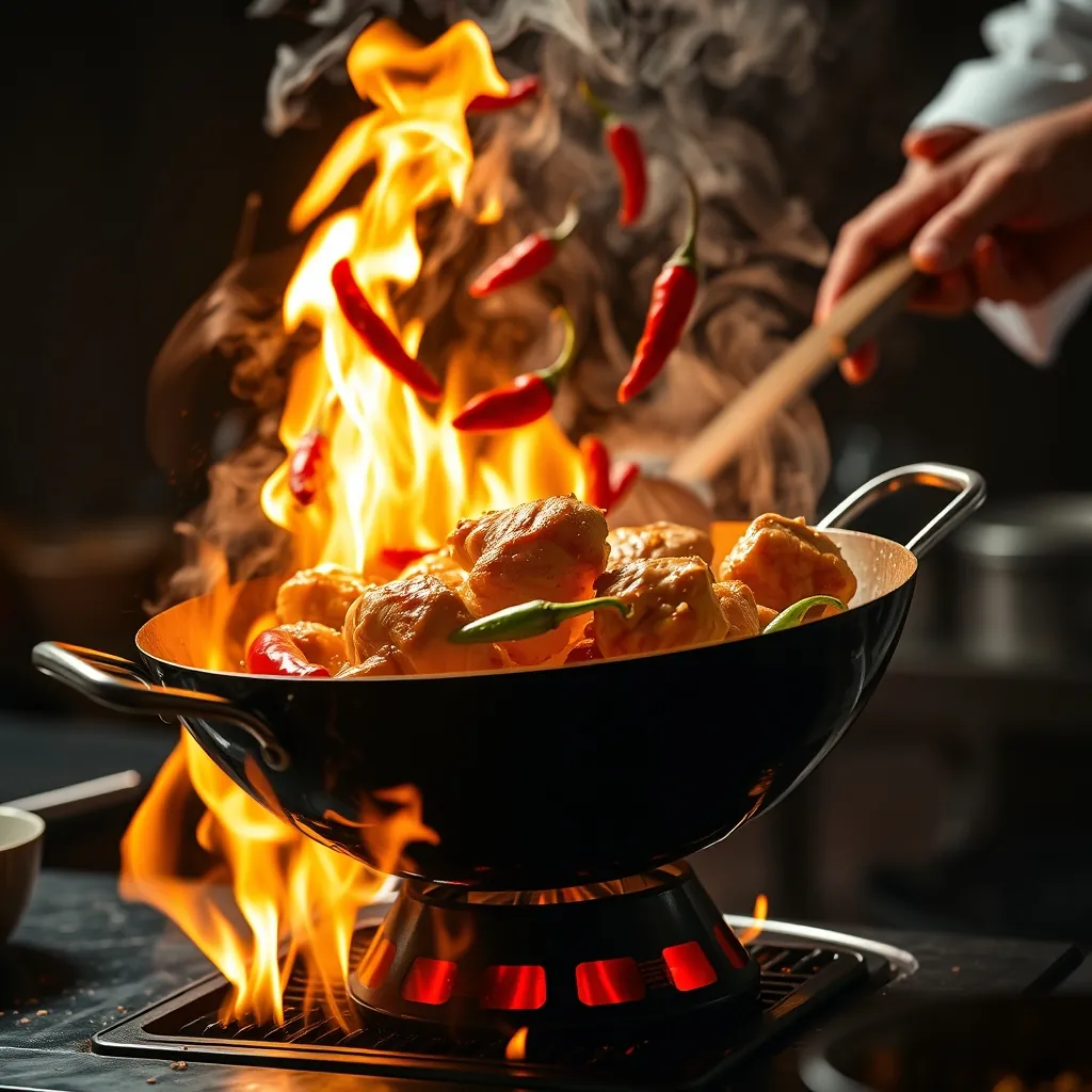 Chef tossing chicken and chilies in a hot wok with flames and steam rising, showing the stir-frying action Chef tossing chicken