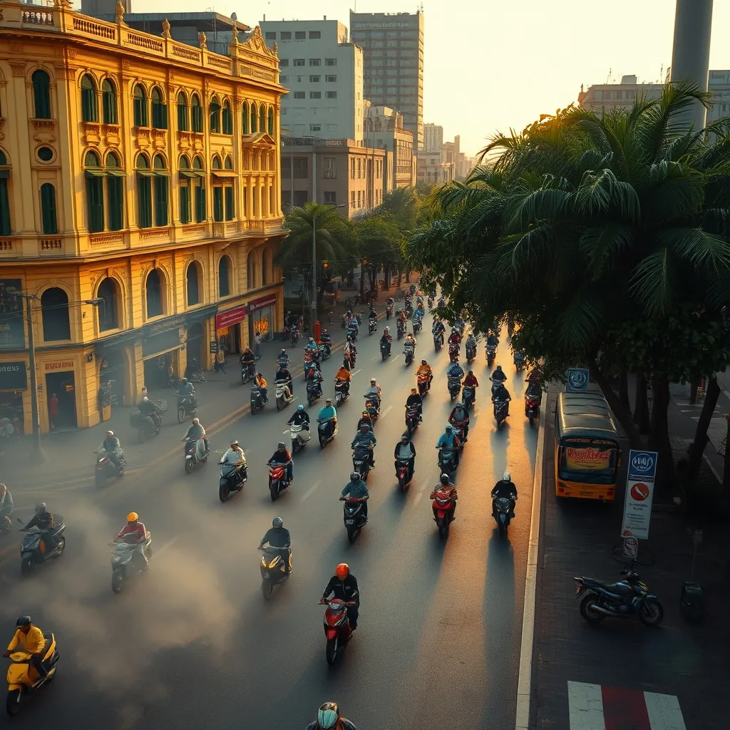 Bustling Ho Chi Minh City street scene at golden hour with thousands of motorbikes flowing through a major intersection, French colonial buildings with yellow facades and green shutters lining the boulevard, street food vendors grilling skewers over charcoal smoke, tropical trees casting long shadows, the dynamic energy of Vietnam's largest metropolis captured from an elevated angle Chi minh city