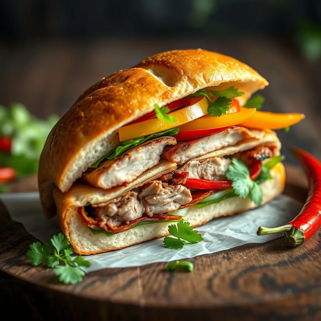 Vietnamese banh mi sandwich cut in half showing layers of grilled pork, pate, pickled vegetables, cilantro, and chili on a crusty baguette Chili crusty baguette