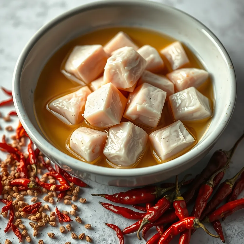 Close up of raw chicken thigh cubes marinating in a bowl with egg white, cornstarch, and soy sauce, alongside piles of dried red chilies and Sichuan peppercorns Chilies sichuan peppercorns
