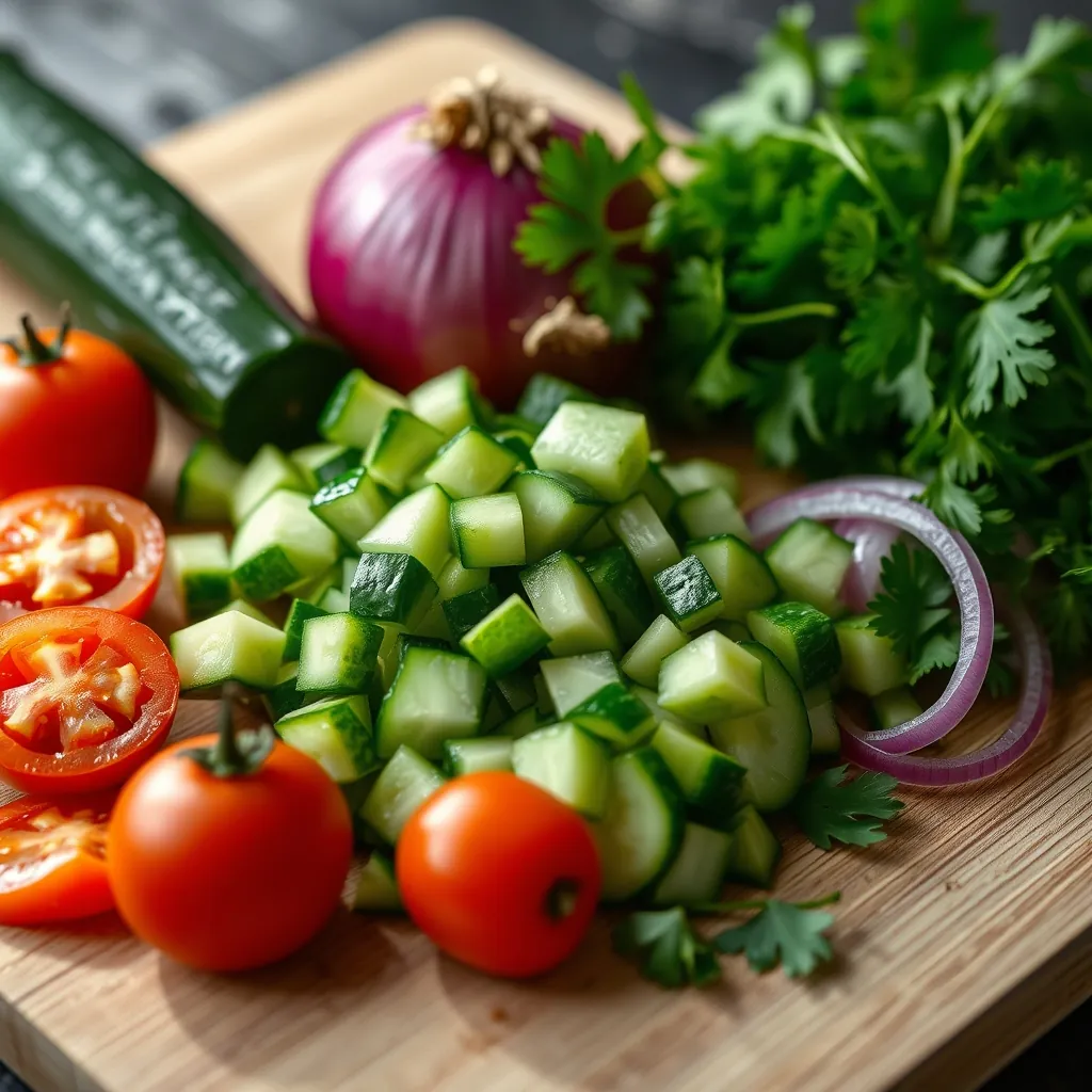 Chopped cucumber, cherry tomatoes, red onion, and fresh parsley arranged on a cutting board Chopped cucumber cherry