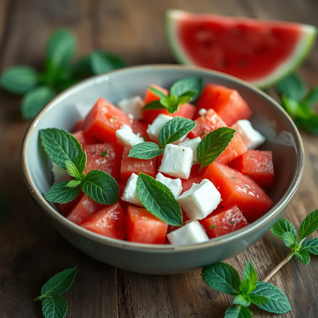 Closeup of a bowl of cubed watermelon feta salad with fresh mint leaves and a light lime vinaigrette on a wooden table Closeup bowl cubed
