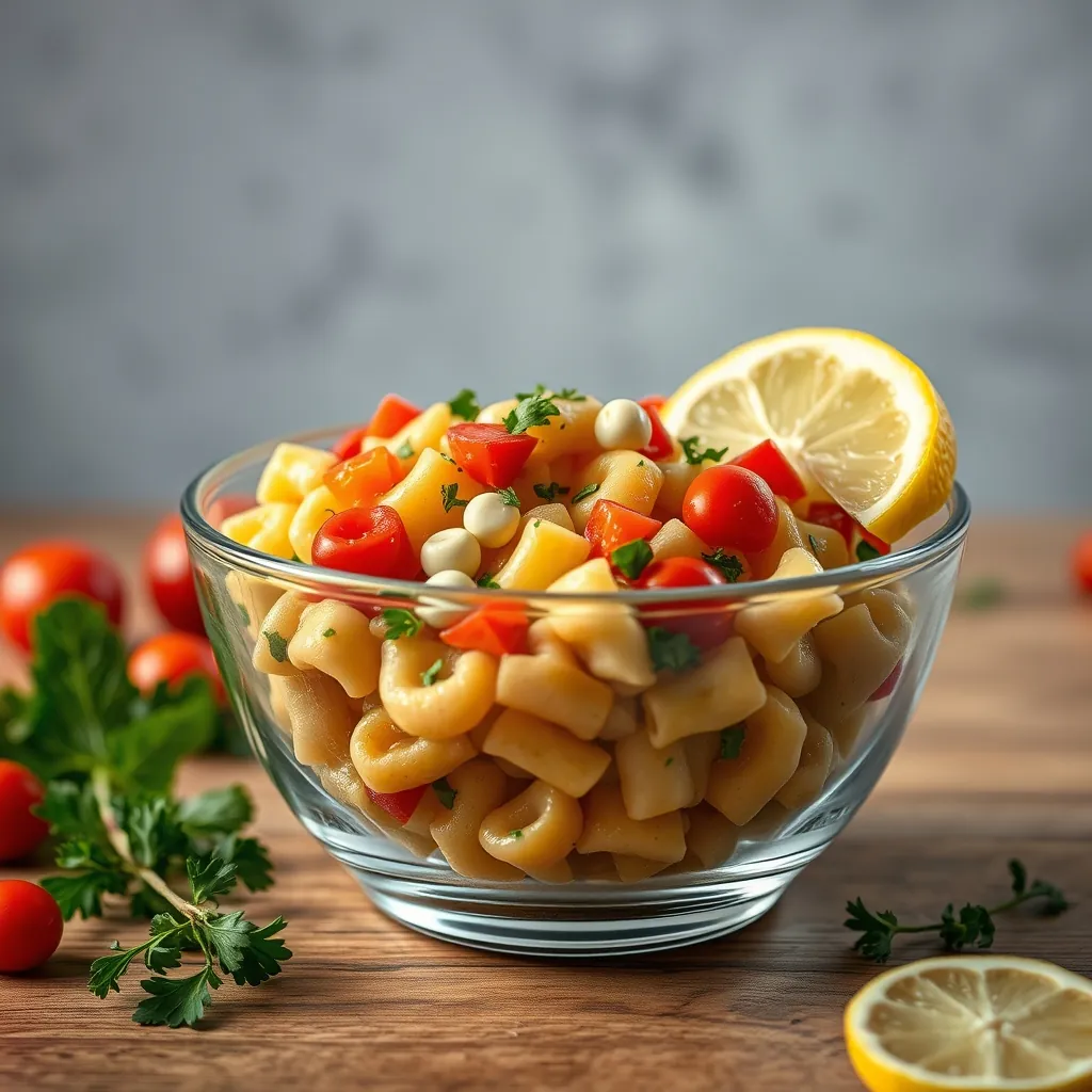 Cold vegan pasta salad in a glass bowl with chopped vegetables and a lemon wedge Cold vegan pasta