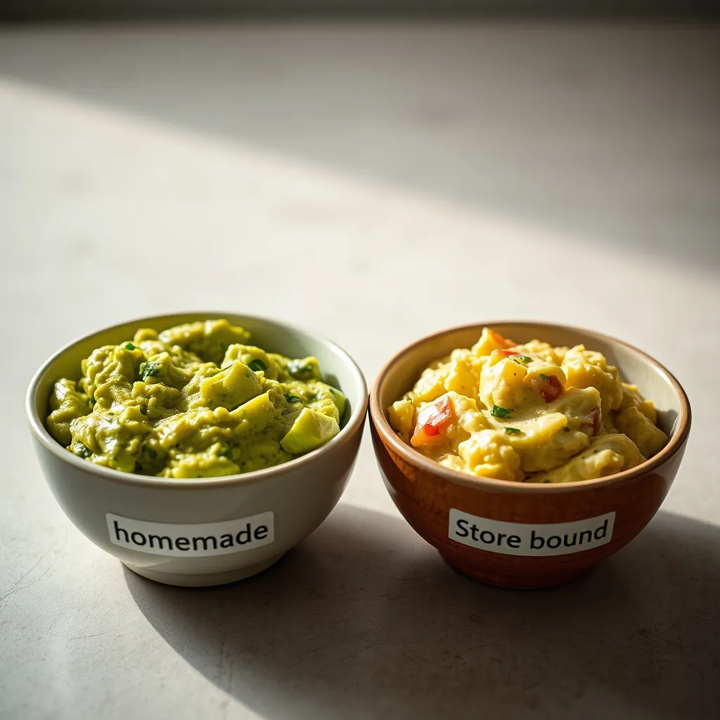 Two bowls side by side, one labeled homemade guacamole and one labeled store bought, showing color and texture differences Color texture differences