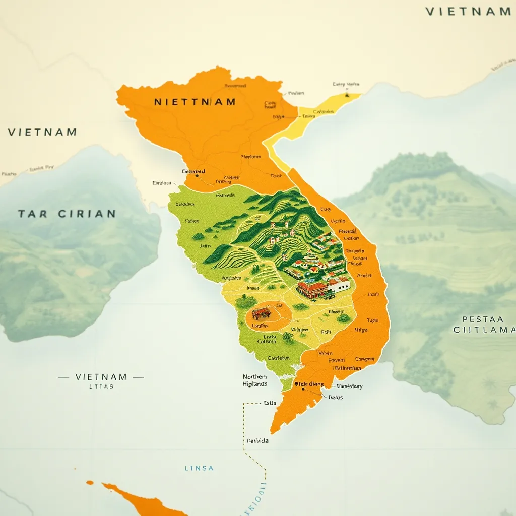 Colorful illustrated map of Vietnam divided into three distinct regions, northern highlands with rice terraces, central coast with ancient towns, and southern delta with rivers and islands, connected by a winding route line Colorful illustrated map