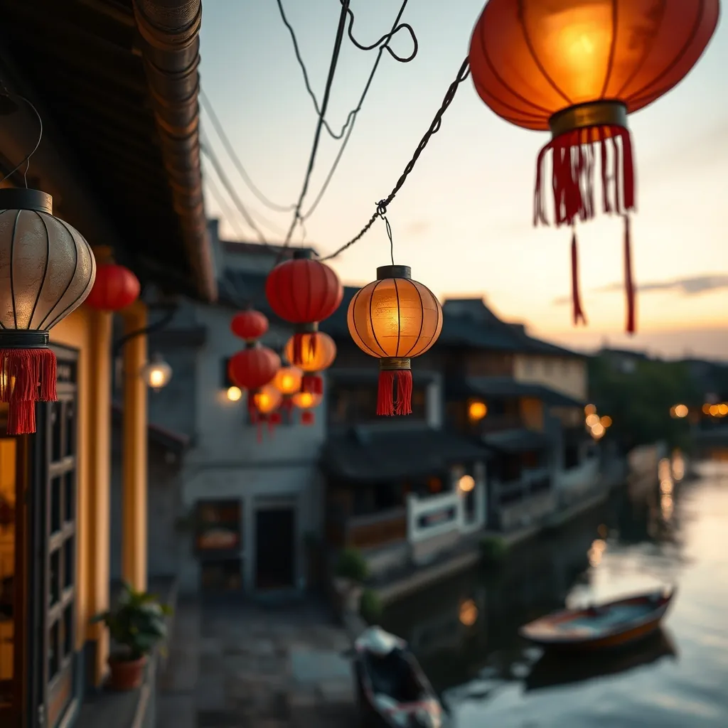 Colorful silk lanterns hanging along the ancient streets of Hoi An at dusk, with the Thu Bon River reflecting warm golden light and traditional yellow-walled buildings Colorful silk lanterns
