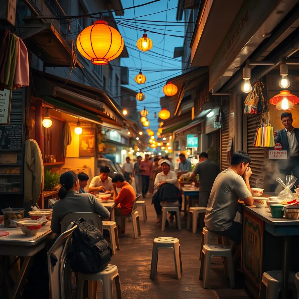 Colorful Vietnamese street market scene at dusk with steaming food stalls, plastic stools crowded with locals and travelers eating bowls of noodle soup, string lights hanging overhead, a backpack resting against a stall counter, warm golden hour glow illuminating the busy alleyway Colorful vietnamese street
