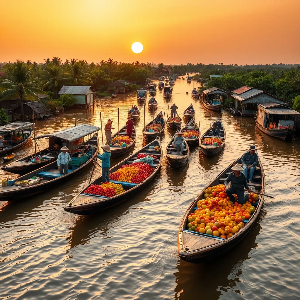 Colorful wooden boats laden with tropical fruit gathering at a bustling floating market on the wide brown Mekong River at sunrise, vendors using long poles to pass goods between vessels, traditional stilt houses lining the palm-fringed riverbanks, conical hat wearing locals navigating the waterways, lush green orchards and coconut groves stretching toward the horizon in the southern Vietnamese delta Colorful wooden boats