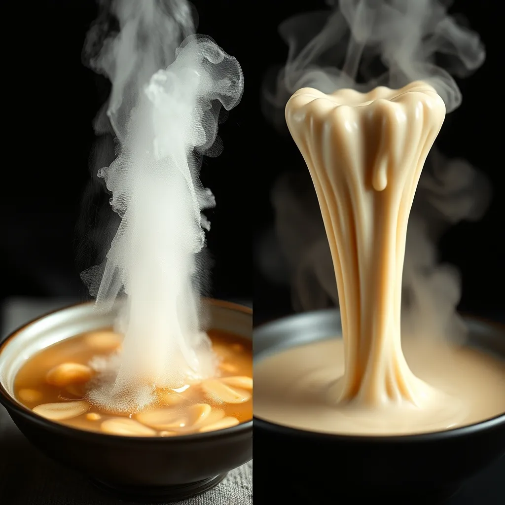 Side by side comparison of cloudy broken broth vs. properly emulsified creamy tonkotsu broth Comparison cloudy broken