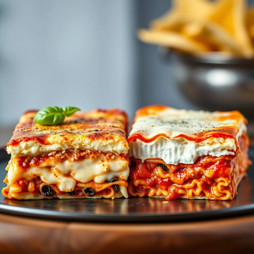 Two different lasagna slices side by side, one with béchamel and one with ricotta, showing contrasting textures and colors Contrasting textures colors
