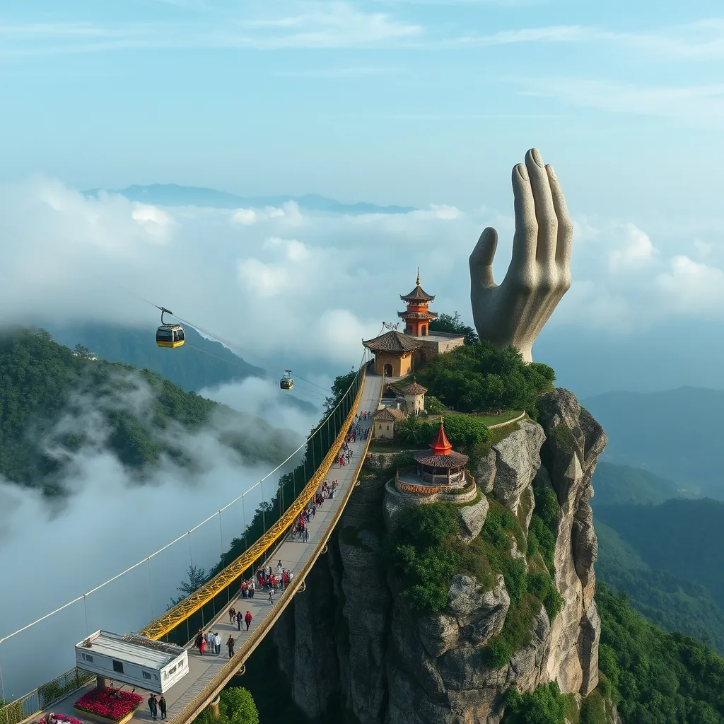 Golden Bridge supported by two massive stone hands rising from forested hills at Ba Na Hills near Da Nang, Vietnam, cable cars ascending through clouds to a hilltop French village with stone buildings, flower gardens, and a tall pagoda, visitors walking along the bridge with panoramic mountain views below, misty valleys and jungle-covered slopes stretching to the horizon, the blend of European architecture and Vietnamese mountain landscape creating a surreal destination Creating surreal destination
