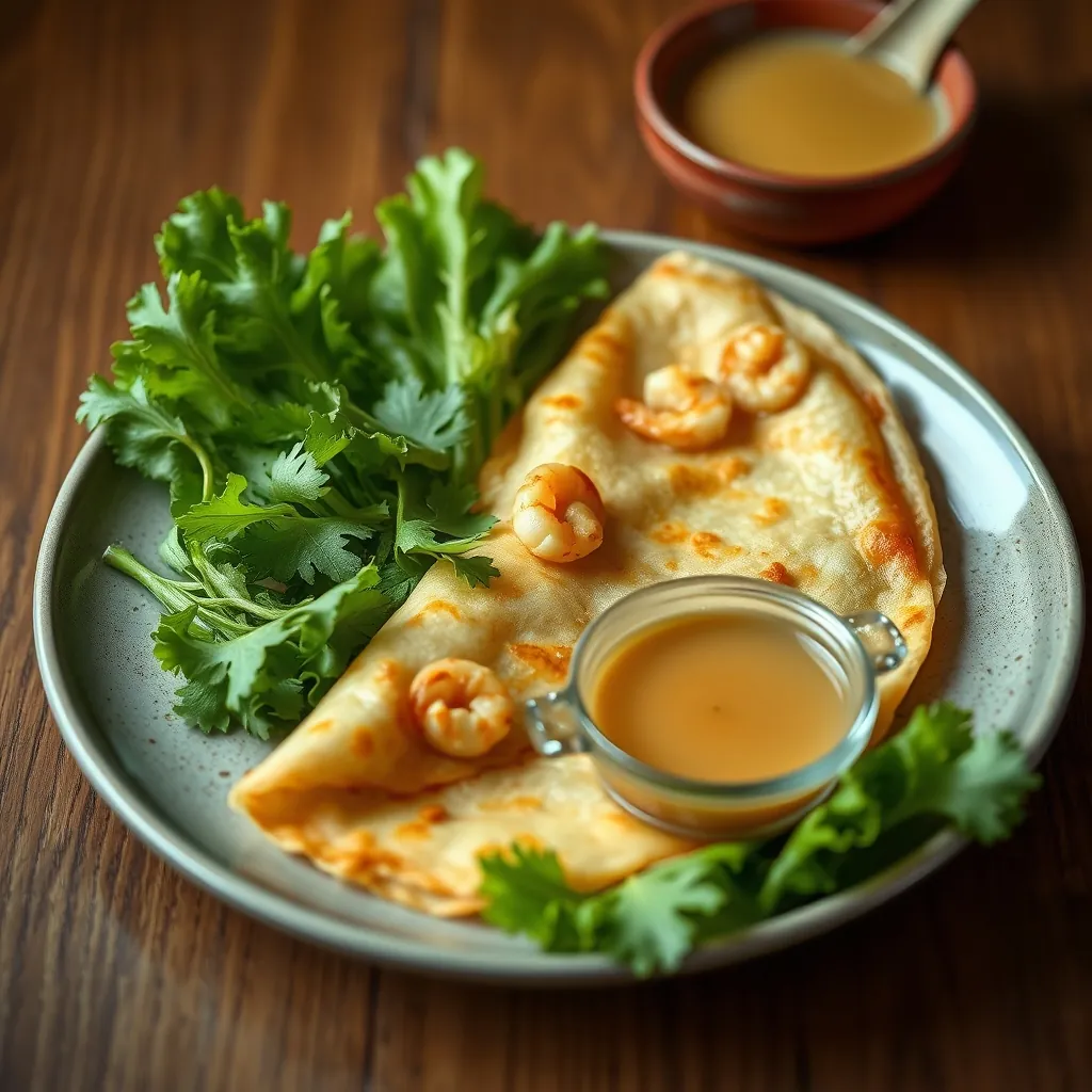 Crispy Vietnamese banh xeo crepe on a plate, golden brown with visible shrimp and bean sprouts inside, surrounded by fresh lettuce leaves, herbs, and a bowl of nuoc cham dipping sauce Crispy vietnamese banh