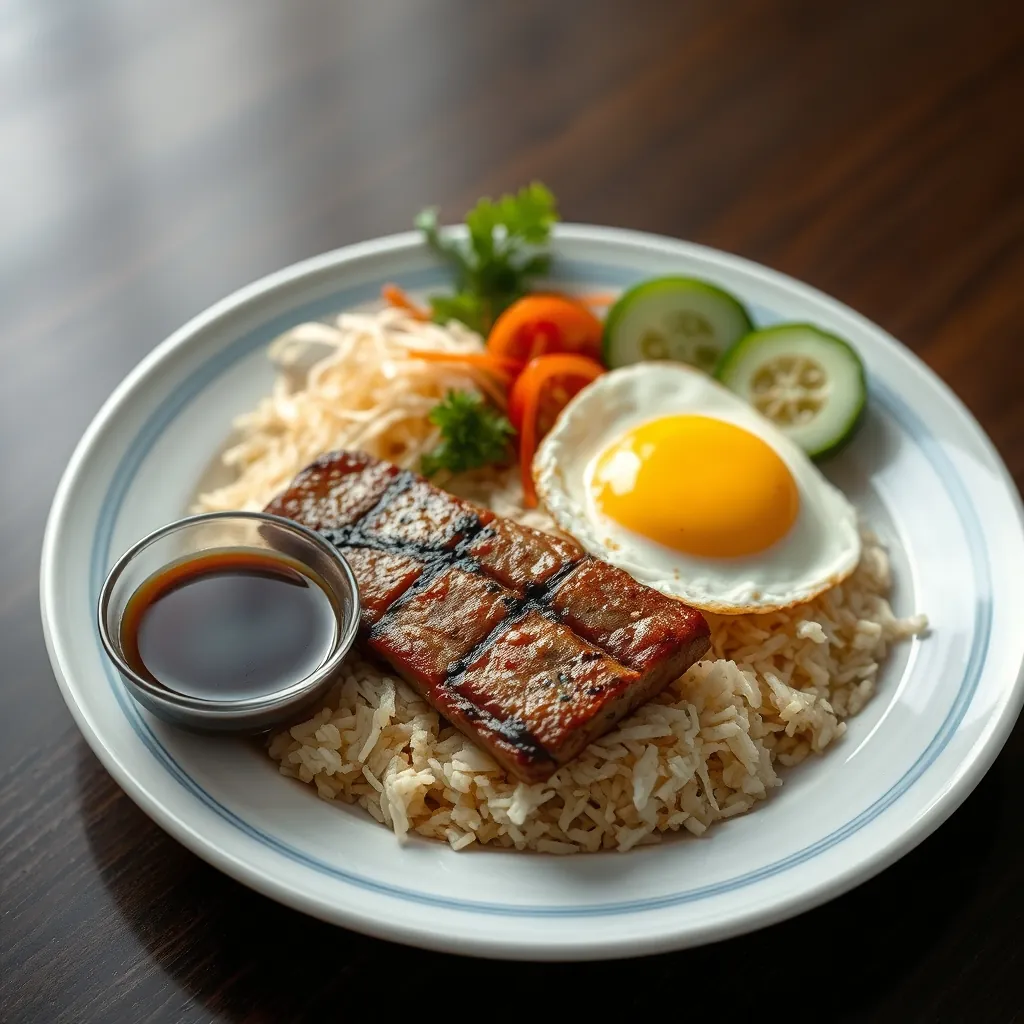 Plate of com tam broken rice with grilled pork chop, egg meatloaf, shredded pork skin, and a fried egg, served with a small bowl of fish sauce dipping sauce and cucumber tomato slices Cucumber tomato slices