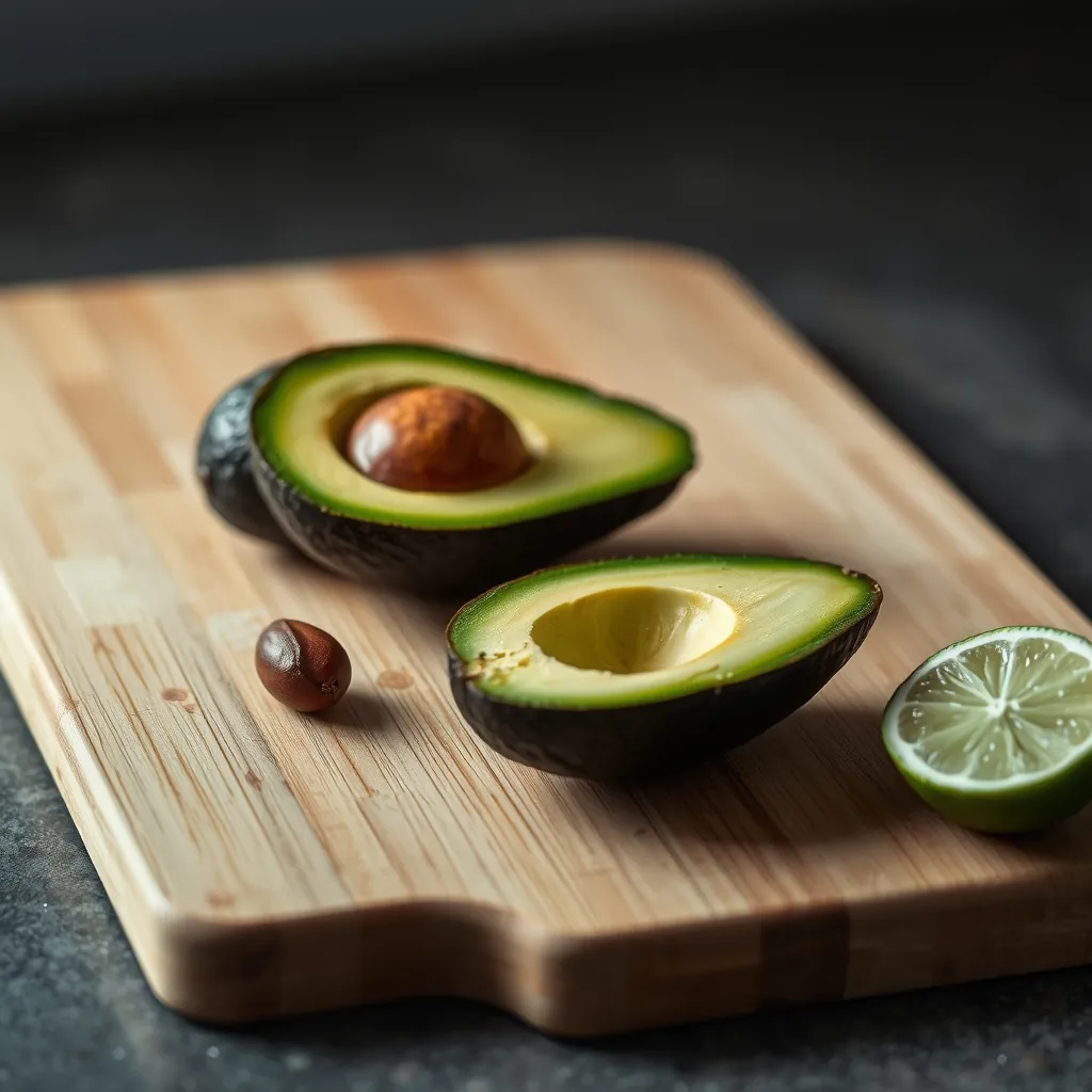 Cutting board with halved Hass avocados, one pit resting nearby, a lime cut in half on the side Cutting board halved