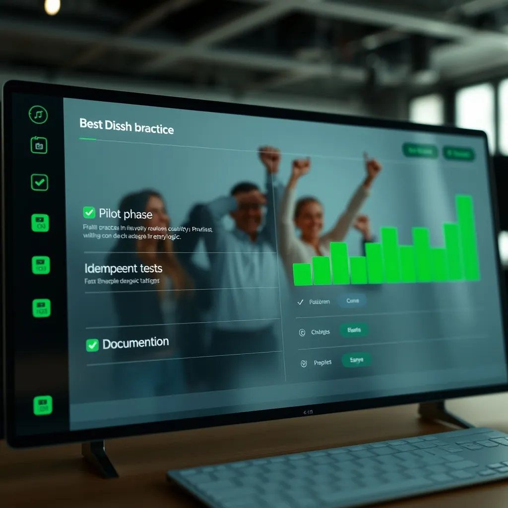 Dashboard showing green checkmarks next to best practice categories including pilot phase, idempotent tests, resource monitoring, retry logic, and documentation with a small team celebrating in the background Dashboard green checkmarks