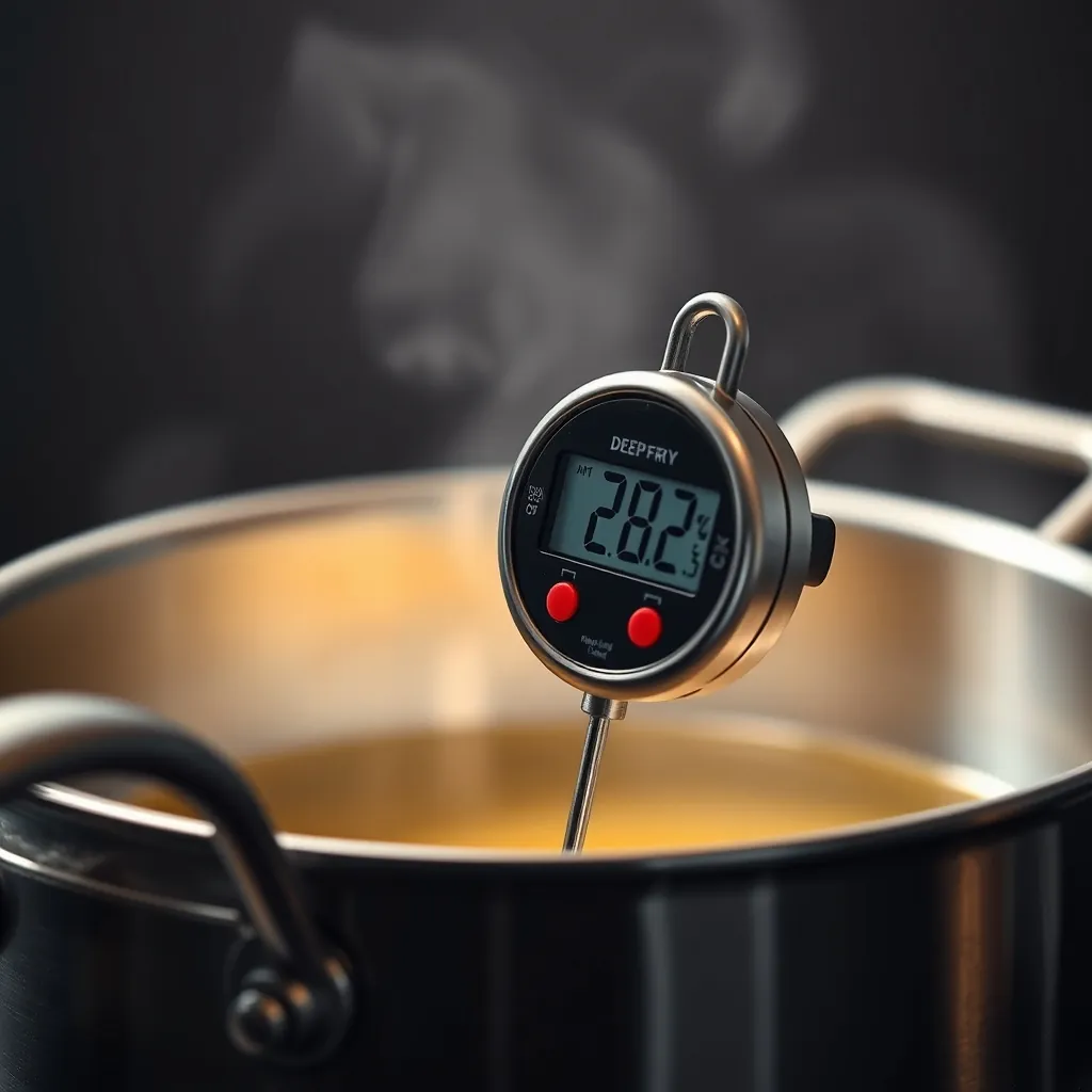 Digital deep-fry thermometer clipped to the side of a stainless steel pot with oil Deepfry thermometer clipped