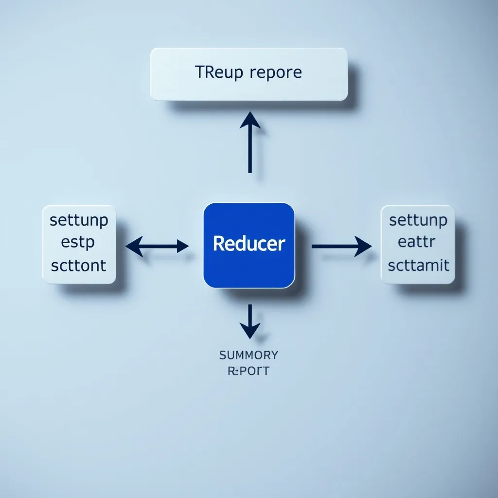 Close-up diagram of a single Mapper node processing a test scenario, showing setup, execution, and teardown phases, with arrows pointing to a central Reducer node that outputs a summary report Diagram single mapper
