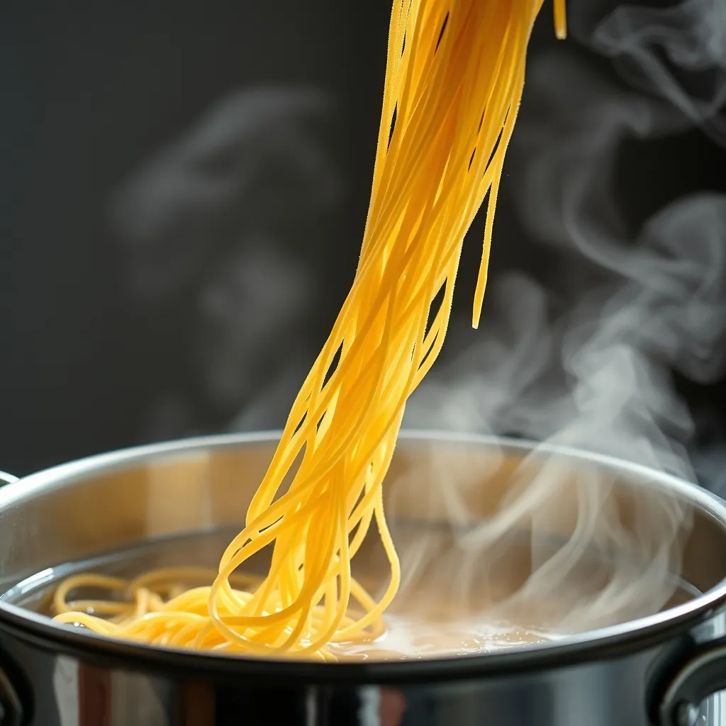 Close-up of dried angel hair pasta being lowered into a pot of boiling water Dried angel hair