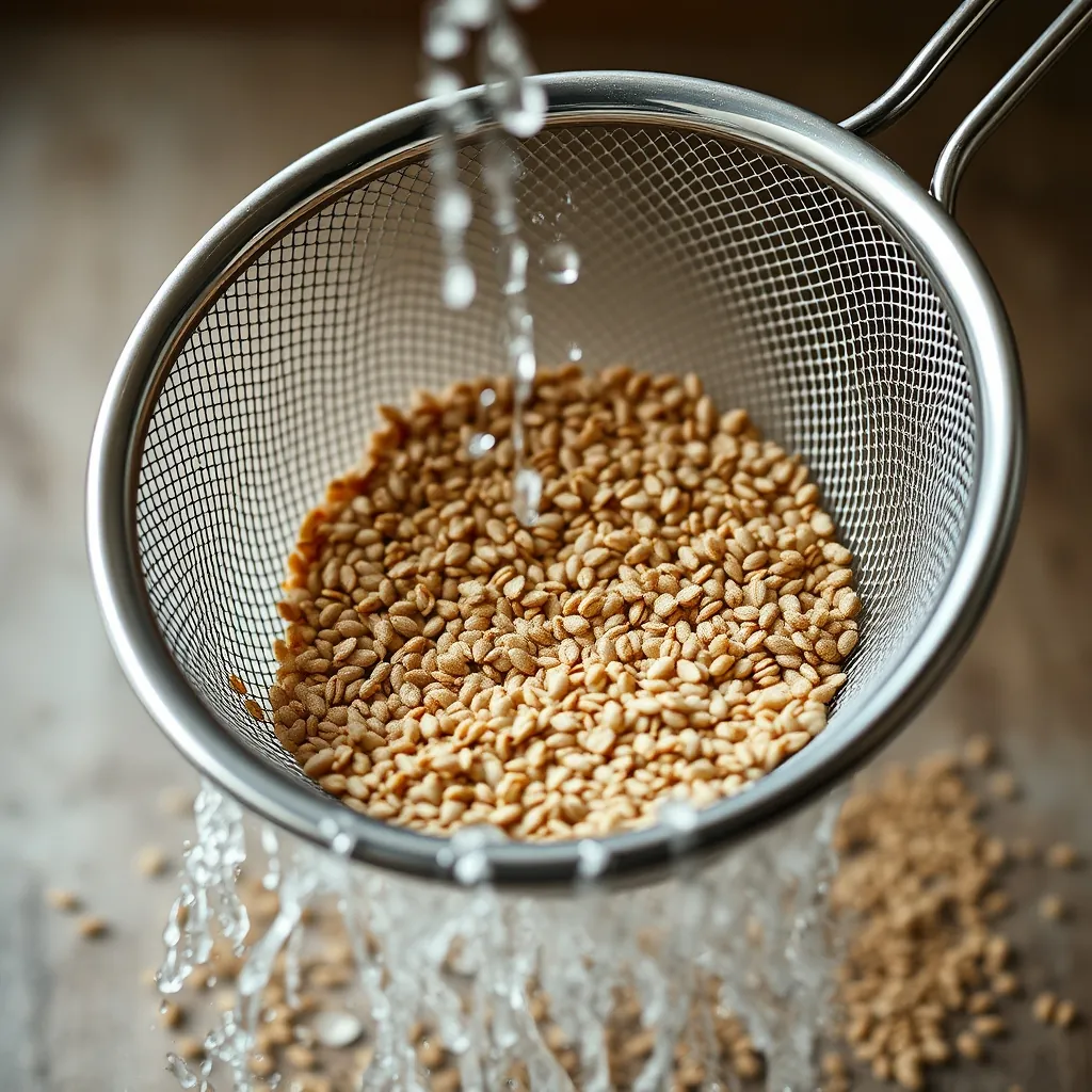 Dry quinoa seeds being rinsed under cold water in a fine-mesh strainer Dry quinoa seeds