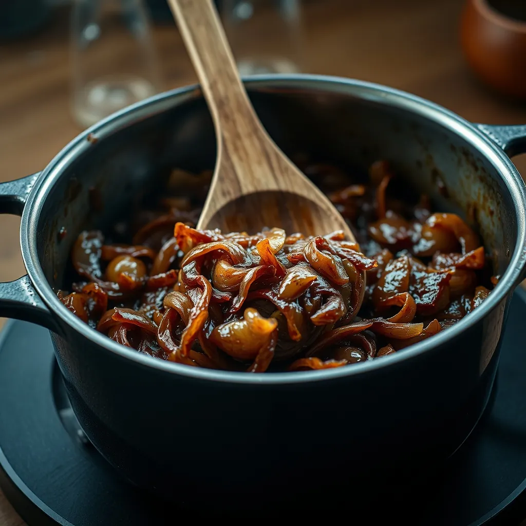 Dutch oven showing deeply caramelized mahogany brown onions with a wooden spoon scraping the bottom Dutch oven deeply