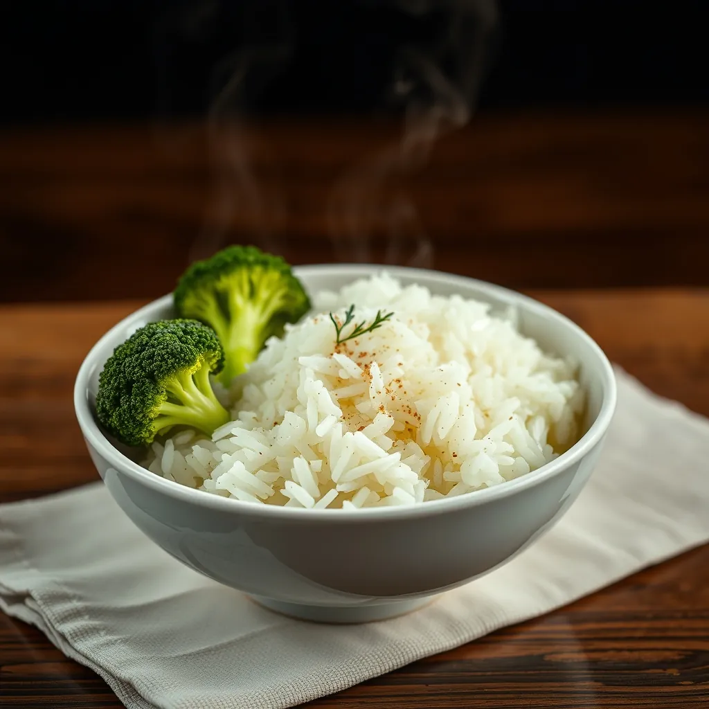 Bowl of fluffy steamed jasmine rice with a side of steamed broccoli and a small cup of egg drop soup Egg drop soup