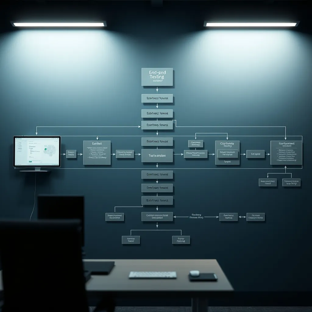 End-to-end testing workflow diagram showing a complete application flow from user interface through backend services to database, with multiple test paths branching off Endend testing workflow