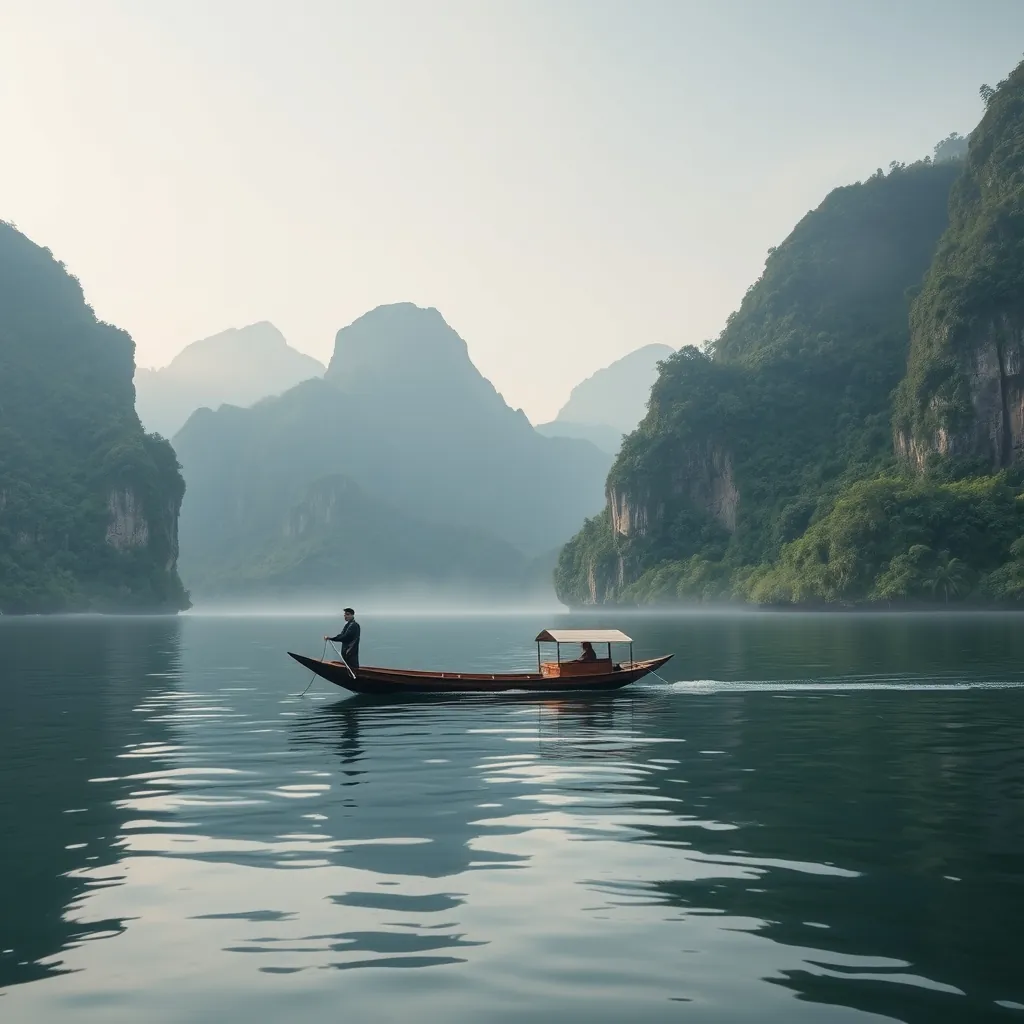 Expansive calm lake surface of Ba Be Lake surrounded by towering forested limestone mountains, traditional wooden longboat gliding across the water, lush tropical jungle vegetation clinging to the steep karst cliffs, early morning mist hovering over the water Expansive calm lake
