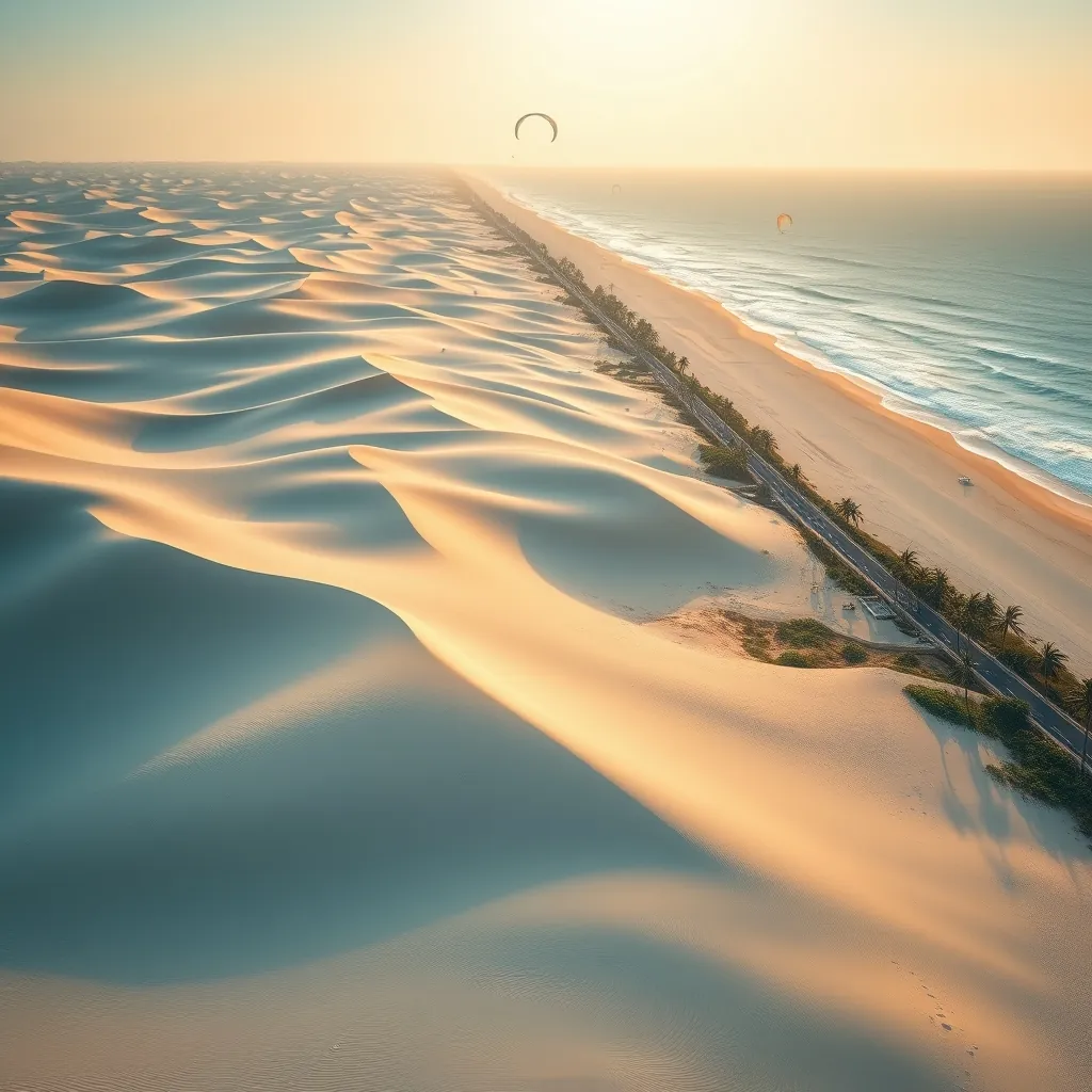 Expansive rolling white sand dunes meeting the deep blue ocean along the Mui Ne coastline, dramatic red-orange sand hills sculpted by wind in the distance, colorful round bamboo basket boats resting on the shore near a traditional fishing village, kite surfers with bright sails gliding across turquoise waves, tall coconut palms swaying along the beach road, late afternoon golden light casting long shadows across the sandy landscape Expansive rolling white