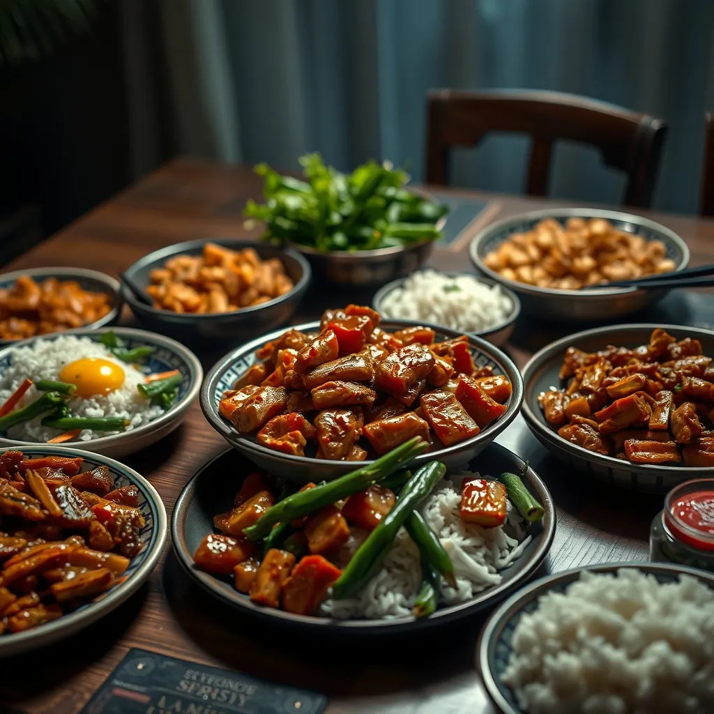 Family-style dinner table with multiple Chinese dishes including Kung Pao Chicken, steamed rice, and stir-fried greens Familystyle dinner table