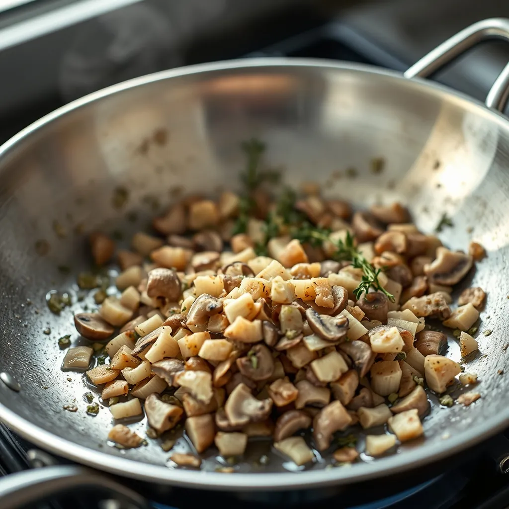 Finely chopped mushroom duxelles cooking in a wide stainless steel skillet with shallots, garlic, and fresh thyme sprigs, moisture evaporating from the pan Finely chopped mushroom