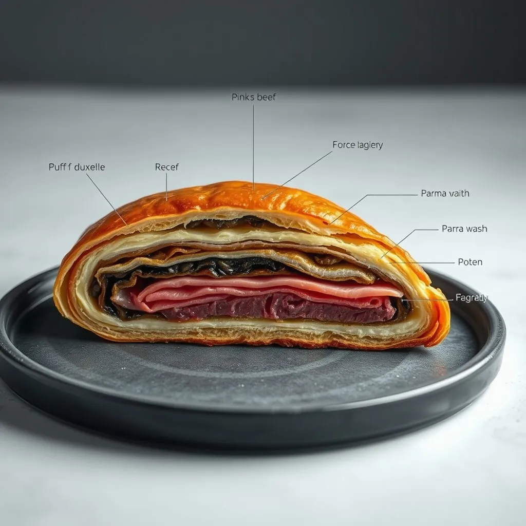 Cross-section diagram of a Beef Wellington showing five distinct layers: golden puff pastry, dark mushroom duxelles, pink beef fillet, and a thin sheet of Parma ham, with a glossy egg wash finish on the top crust Finish top crust