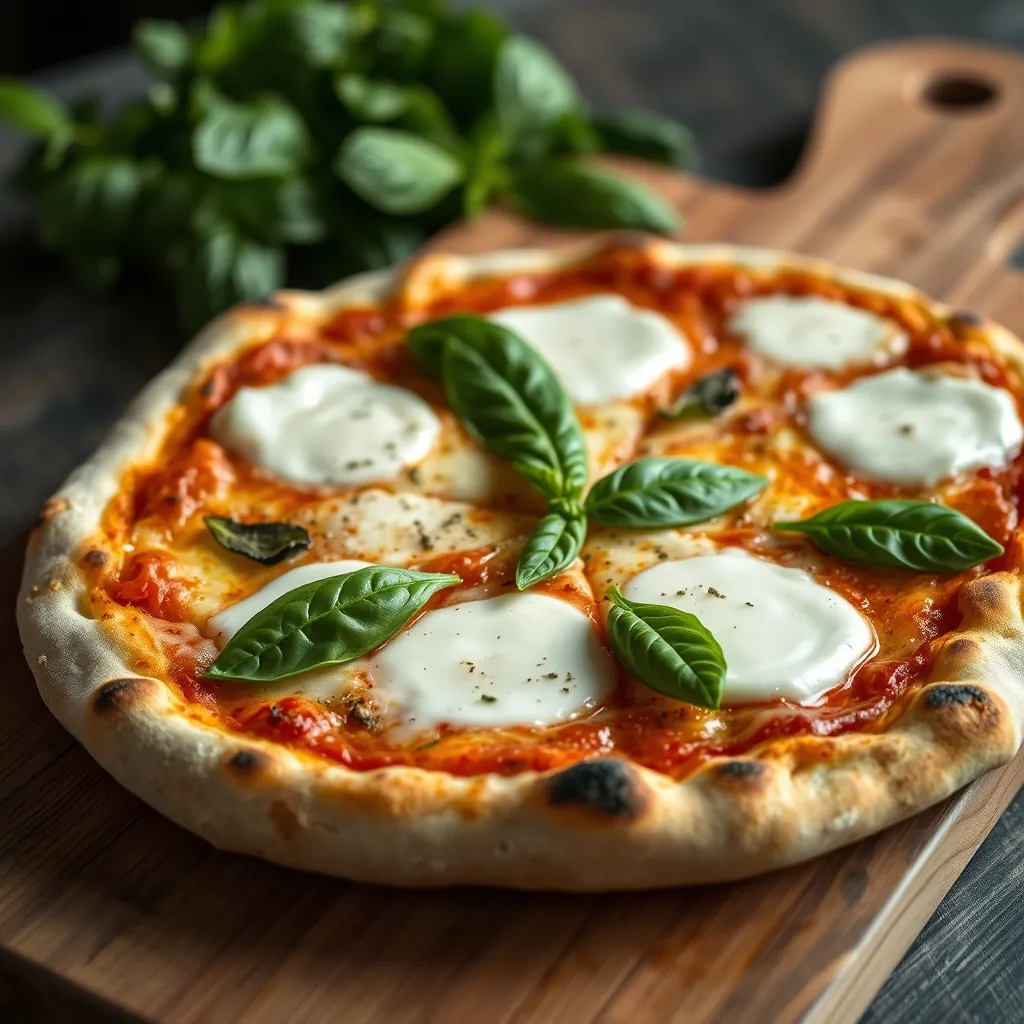 Finished homemade Margherita pizza on a wooden board, showing melted mozzarella, fresh basil leaves, and a lightly charred, puffy crust Finished homemade margherita