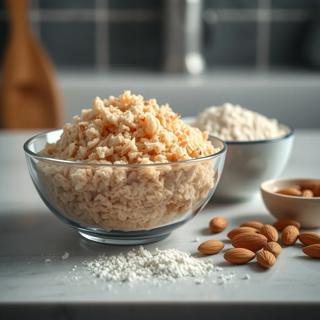Bowl of crushed pork panko and a separate bowl of almond flour on a kitchen counter Flour kitchen counter