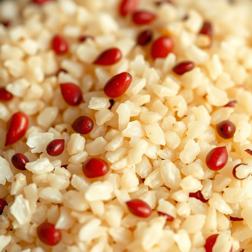 Close-up of fluffy cooked quinoa grains with contrasting red and white seeds Fluffy cooked quinoa