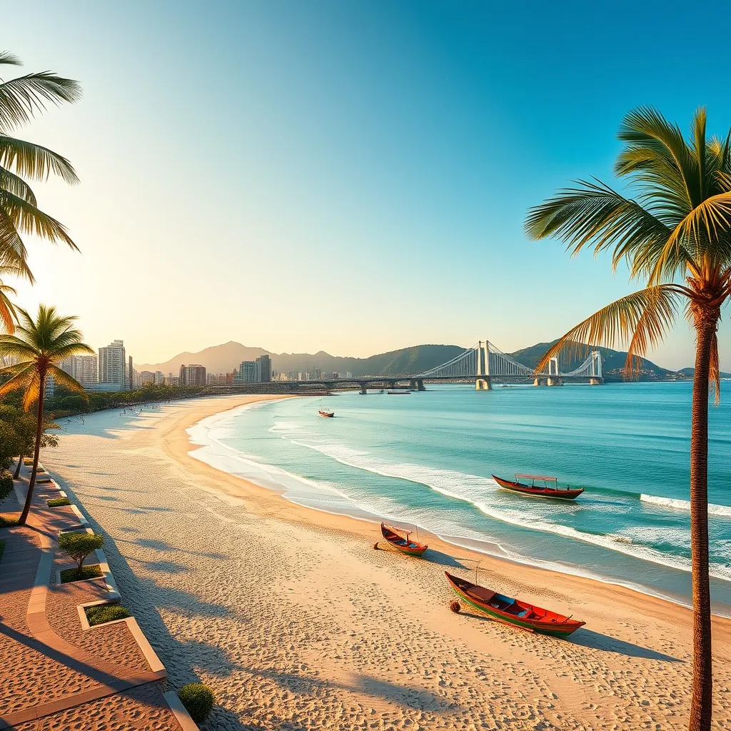 Panoramic view of Da Nang's coastline at golden hour, the curve of My Khe Beach with its white sand meeting turquoise water, the city's modern skyline with the iconic Dragon Bridge visible in the distance, the marble mountains rising from the coastal plain on the horizon, colorful traditional fishing boats near the shore, palm trees swaying along the beach promenade, warm sunlight casting long shadows across the sand, the Son Tra Peninsula's green hills forming a natural backdrop Forming natural backdrop