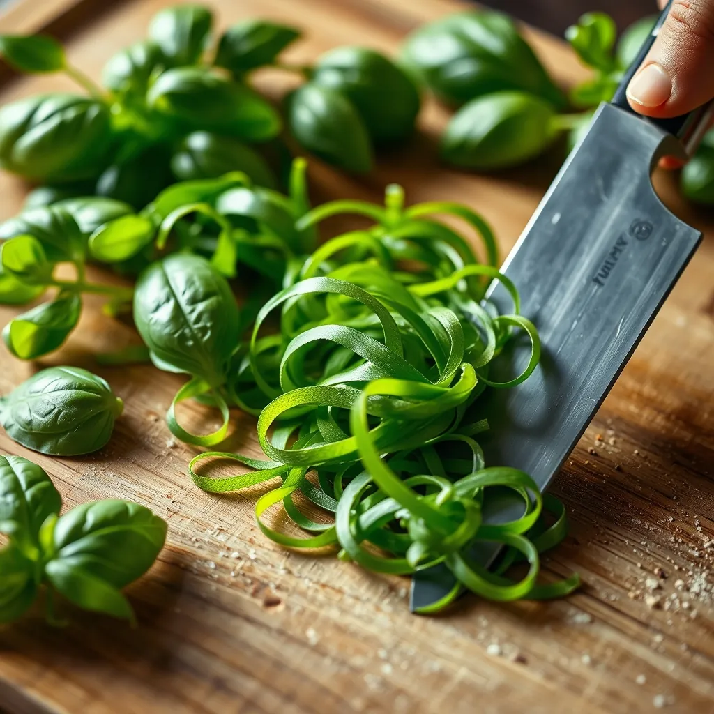 Fresh basil leaves being sliced into thin ribbons on a cutting board with a sharp chef knife Fresh basil leaves