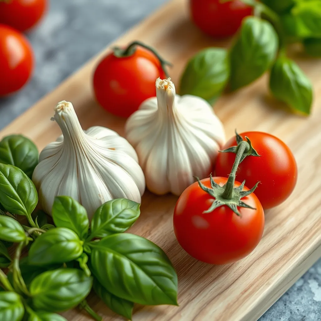Fresh garlic cloves, cherry tomatoes, and basil leaves arranged on a cutting board Fresh garlic cloves