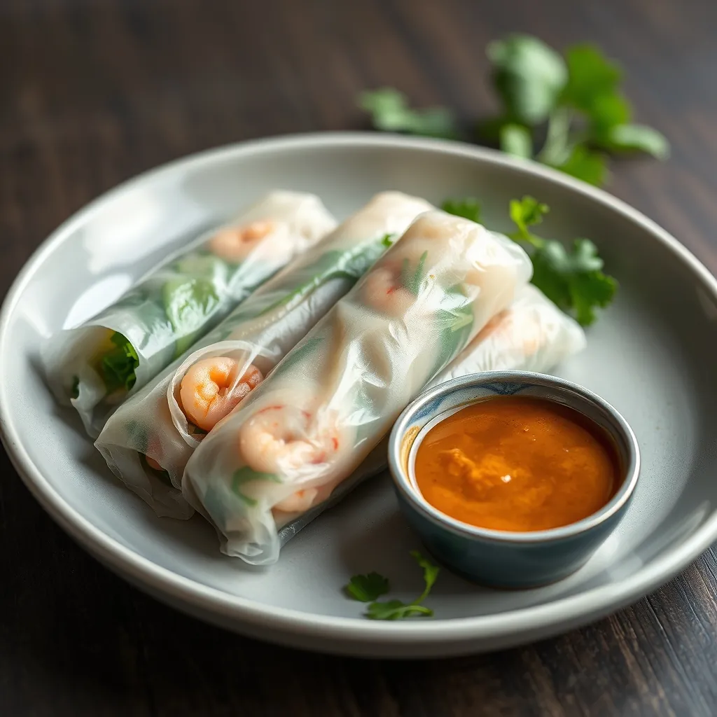 Fresh goi cuon spring rolls arranged on a plate with a bowl of hoisin peanut dipping sauce, showing the translucent rice paper wrapping with visible shrimp and herbs inside Fresh goi cuon