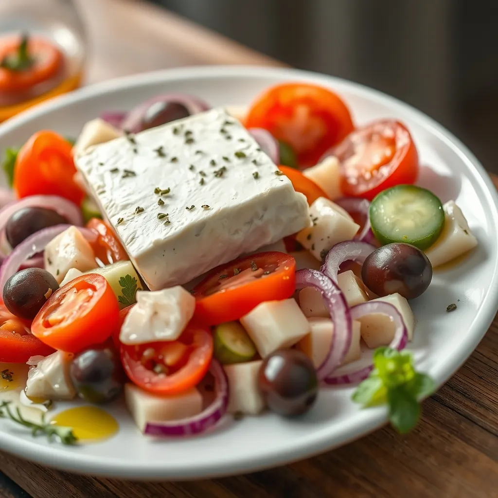 Fresh Greek salad on a white plate with thick slice of feta cheese on top, surrounded by ripe tomatoes, cucumber chunks, red onion rings, and Kalamata olives, drizzled with olive oil and sprinkled with oregano Fresh greek salad