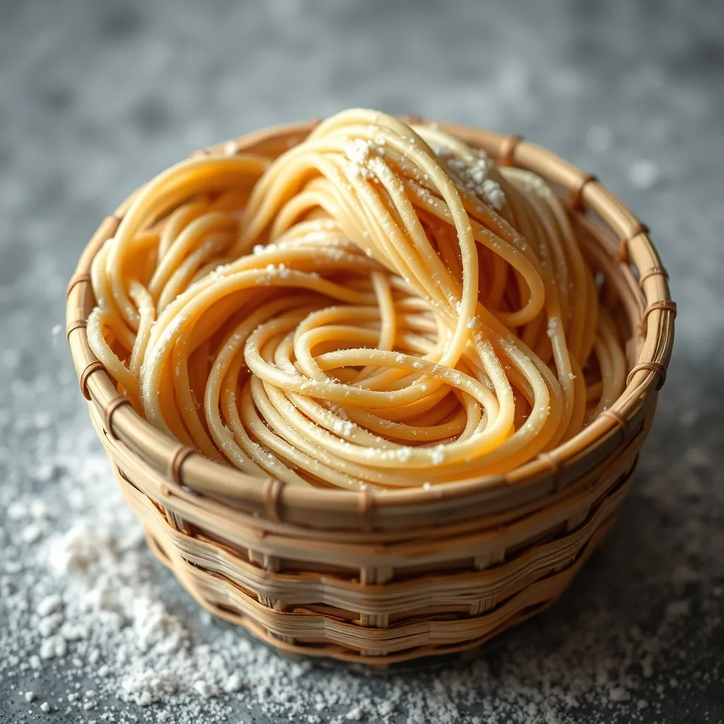 Fresh ramen noodles coiled in a bamboo basket with a dusting of flour Fresh ramen noodles