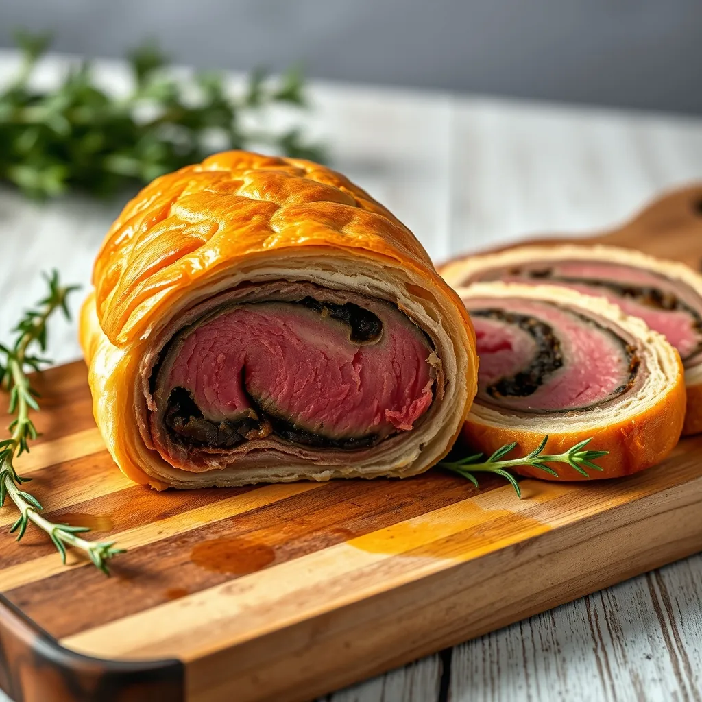 Golden brown Beef Wellington resting on a wooden cutting board, with a clean slice revealing a pink medium-rare beef fillet, dark mushroom duxelles, and flaky puff pastry layers, garnished with fresh thyme sprigs Fresh thyme sprigs